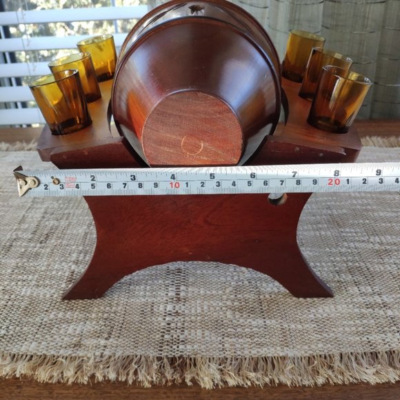 Wooden Barrel Set with 6 Glasses, Vintage Stand Caddy 9.5" - Picture 10 of 16